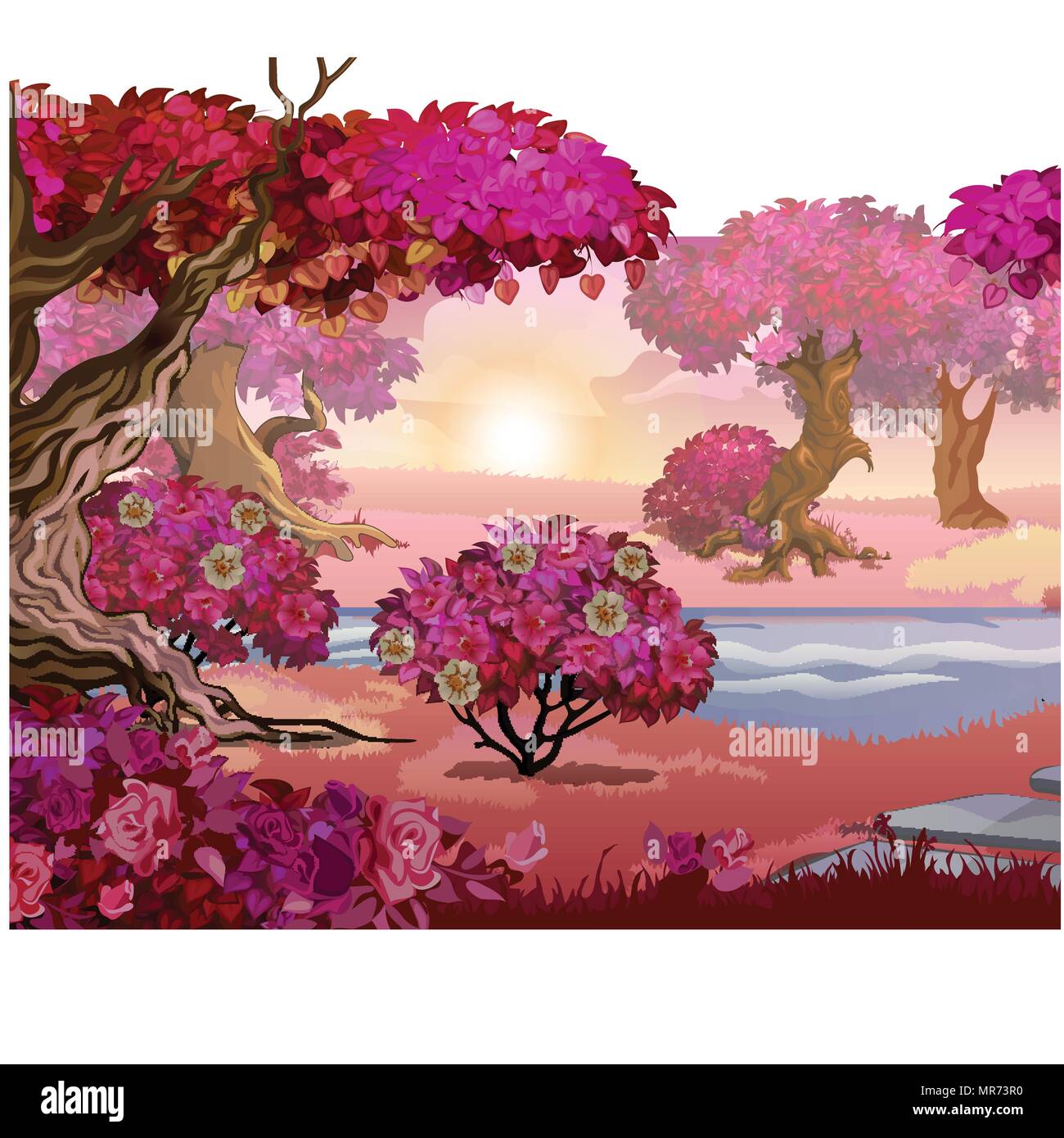 Fairy foresta con alberi di rosa. Carattere di fantasia. Illustrazione Vettoriale. Illustrazione Vettoriale