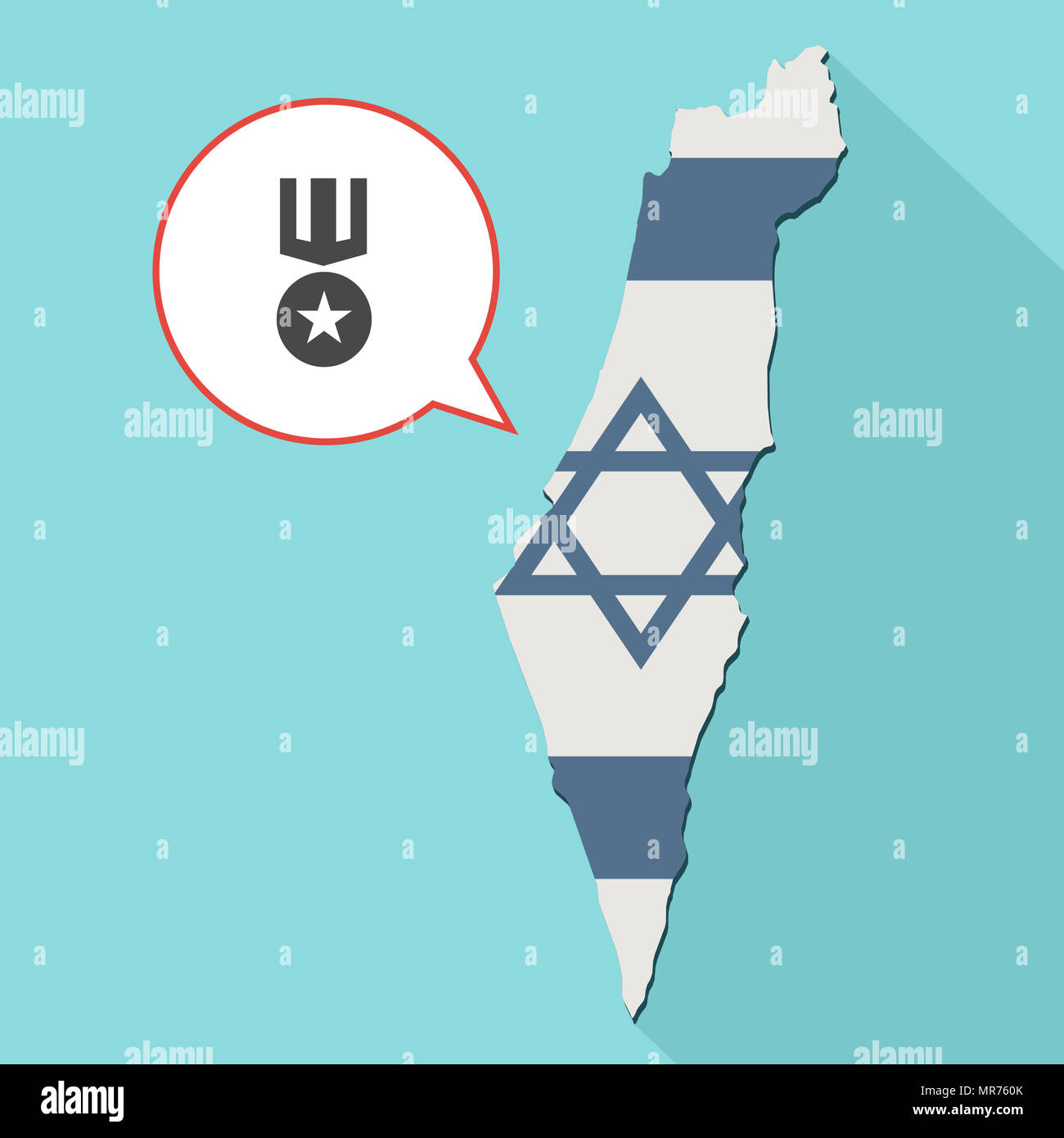 Illustrazione di una lunga ombra Israele mappa con la sua bandiera e un palloncino di fumetti con una medaglia Foto Stock