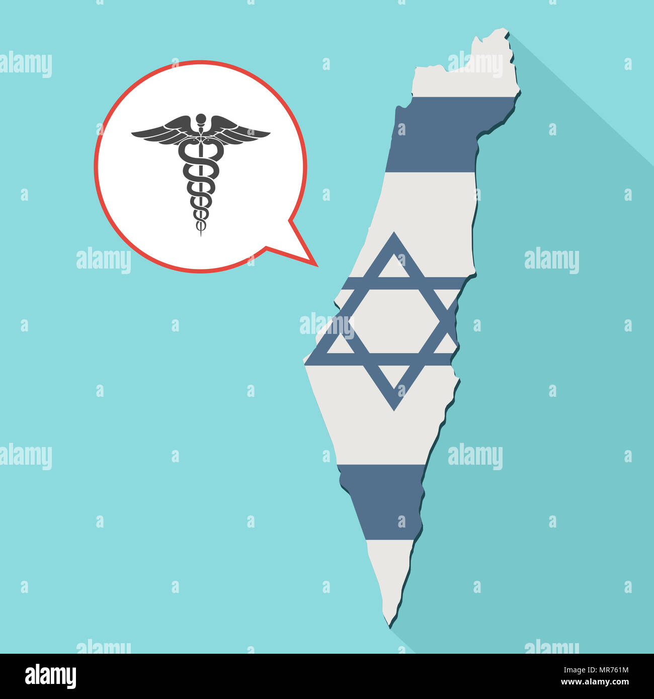 Illustrazione di una lunga ombra Israele mappa con la sua bandiera e un palloncino di fumetti con un simbolo di medico Foto Stock