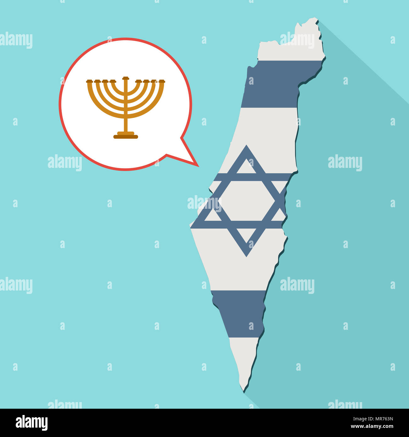 Illustrazione di una lunga ombra Israele mappa con la sua bandiera e un palloncino di fumetti con un icona Menorah Foto Stock