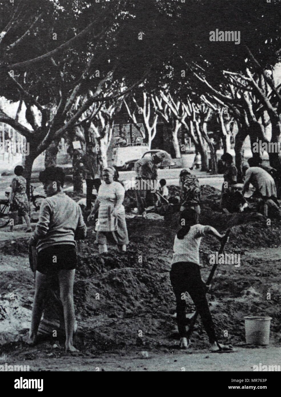 Civili israeliani a Tel Aviv, Israele riempire sacchi di sabbia appena prima dell'inizio della guerra dei sei giorni 1967 Foto Stock