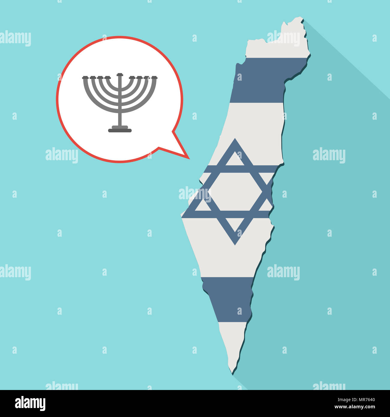 Illustrazione di una lunga ombra Israele mappa con la sua bandiera e un palloncino di fumetti con un icona Menorah Foto Stock