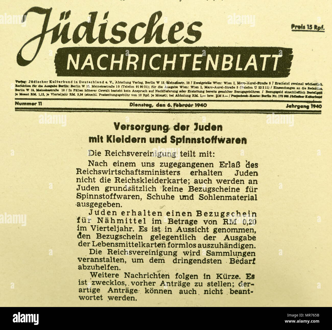 Era nazista, tedesco un decreto del governo, rilasciato nel 1940, vietando tessere di razionamento per gli ebrei per abbigliamento Foto Stock