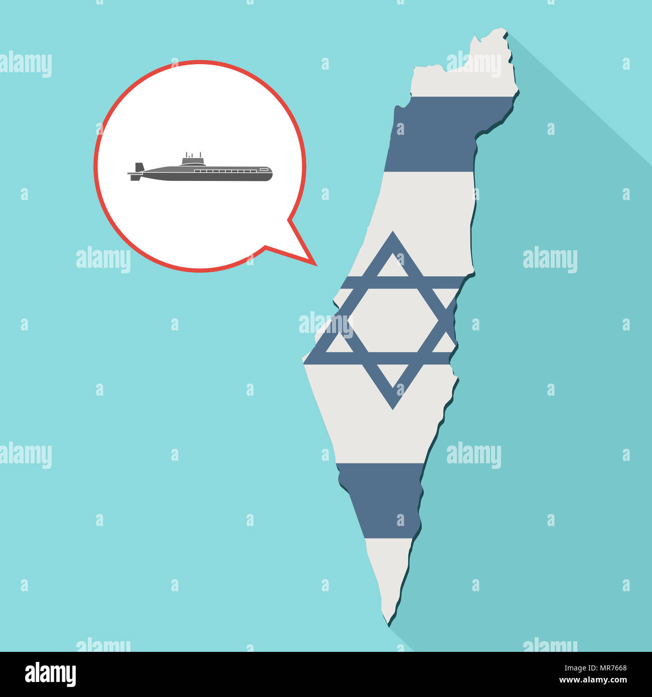 Illustrazione di una lunga ombra Israele mappa con la sua bandiera e un palloncino di fumetti con un sottomarino militare Foto Stock