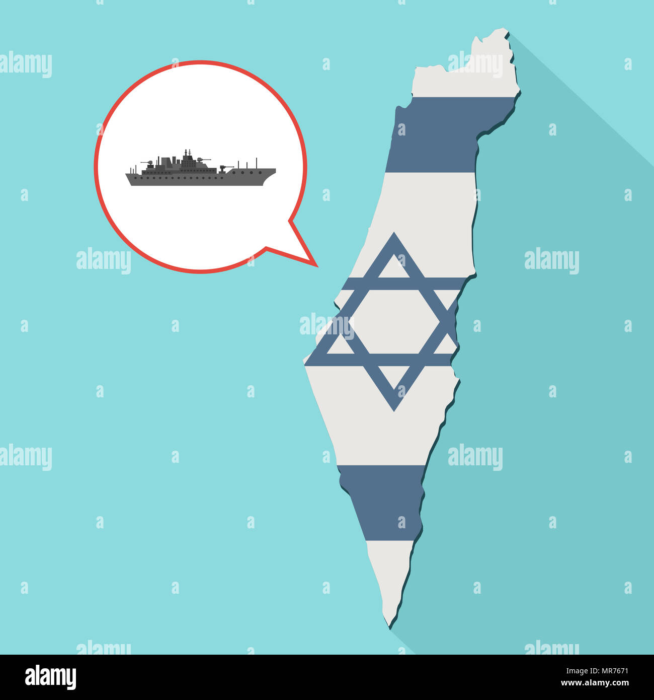 Illustrazione di una lunga ombra Israele mappa con la sua bandiera e un palloncino di fumetti con una nave militare Foto Stock