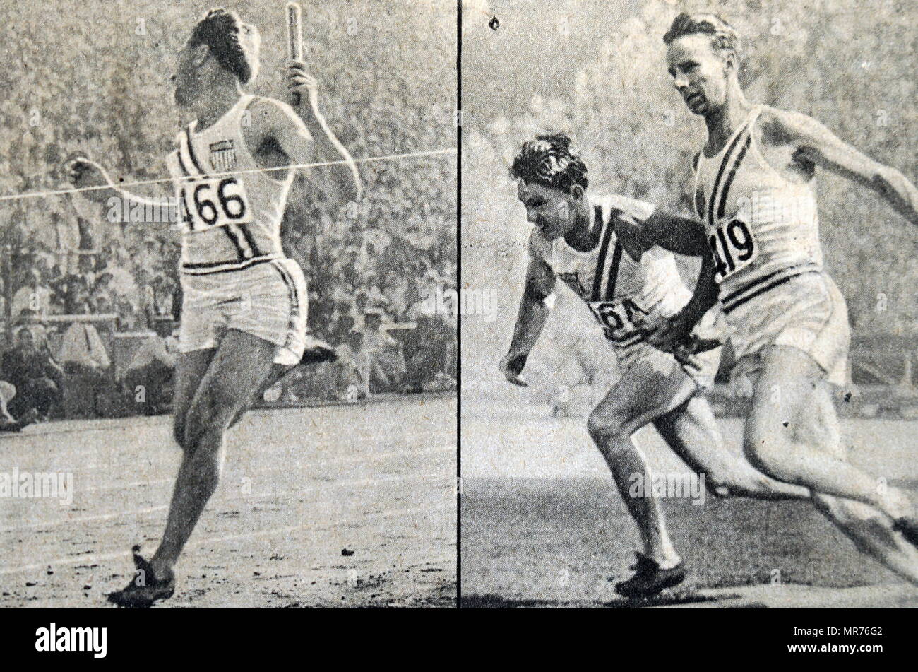 Frank Wykoff ( 1909 - 1980) conquistando la 4 x 100 relè per gli Stati Uniti d'America durante il 1932 giochi olimpici. Foto Stock