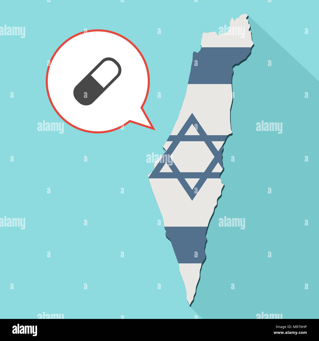 Illustrazione di una lunga ombra Israele mappa con la sua bandiera e un palloncino di fumetti con una pillola Foto Stock