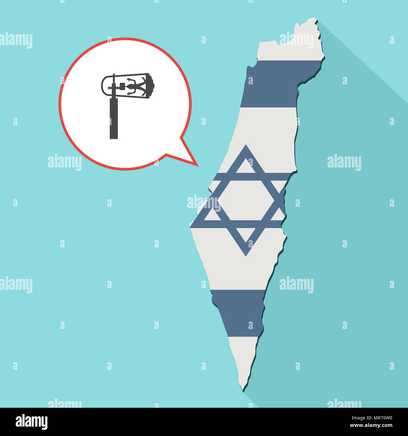 Illustrazione di una lunga ombra Israele mappa con la sua bandiera e un palloncino di fumetti con una festa di Purim gragger Foto Stock
