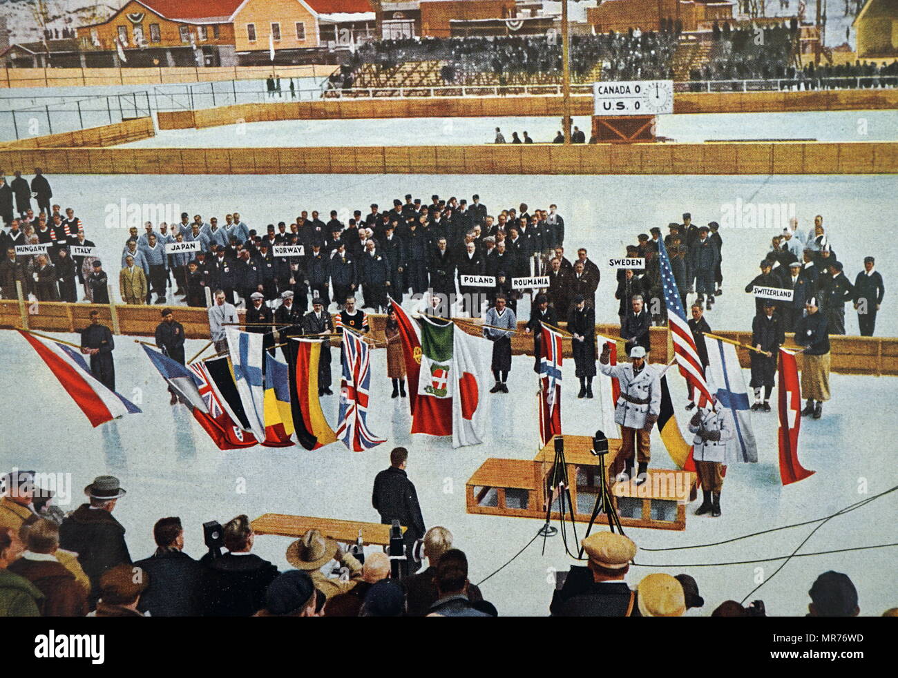 Fotografia di Admiral Richard Evelyn Byrd Jr. tenendo il giuramento olimpico al 1932 giochi invernali. Egli ha preso il giuramento di fronte a 17 diverse nazioni in competizione in le Olimpiadi. Foto Stock
