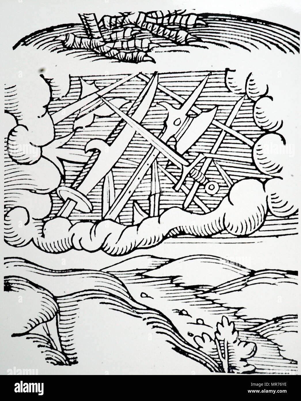 Woodblock incisione raffigurante un Meteor doccia di 103 BC mostrato come spade, lucci e battleaxs, Basilea, Svizzera. Datata xvi secolo Foto Stock