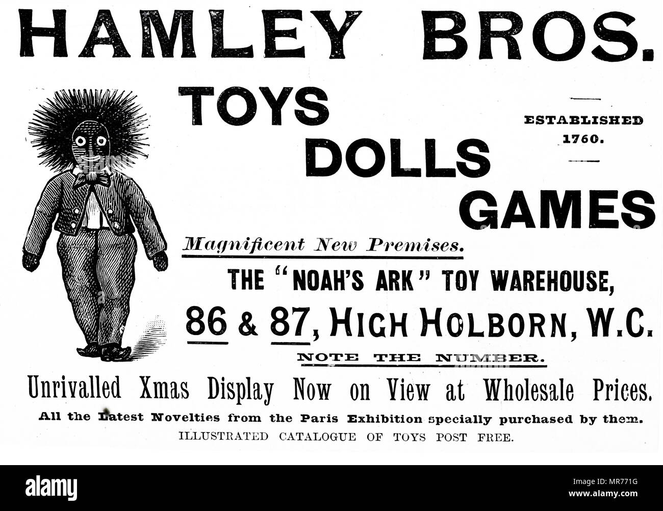 Pubblicità per Hamleys Toy Shop. Hamleys è il più antico e il più grande negozio di giocattoli nel mondo e uno dei migliori del mondo conosciuto dei dettaglianti di giocattoli. Fondata da William Hamley come 'l'Arca di Noè' in High Holborn, Londra, nel 1760, si è trasferita nella sua attuale sito su Regent Street nel 1881. Datata del XIX secolo Foto Stock