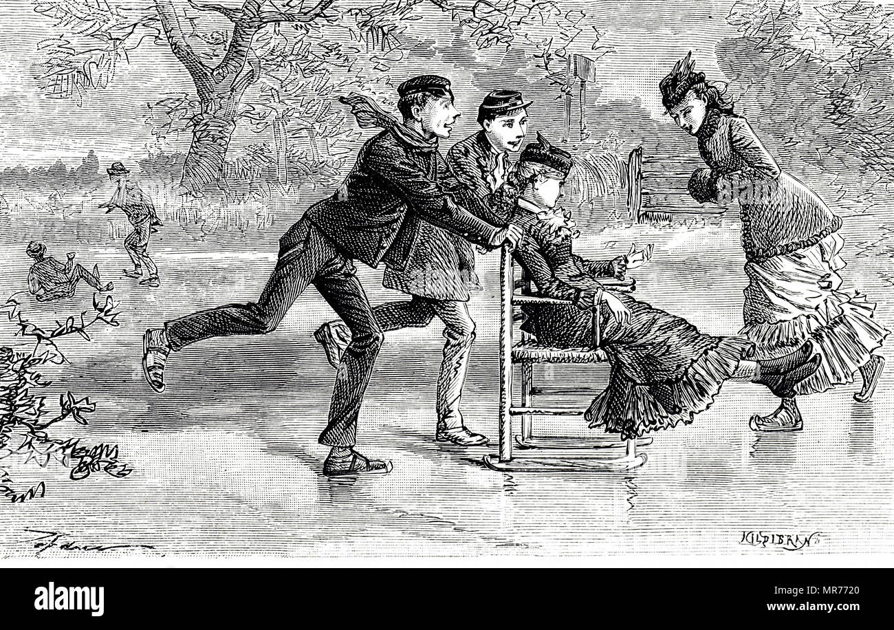 Incisione raffigurante i fratelli tenendo la loro sorella non valido il pattinaggio su ghiaccio. Datata del XIX secolo Foto Stock