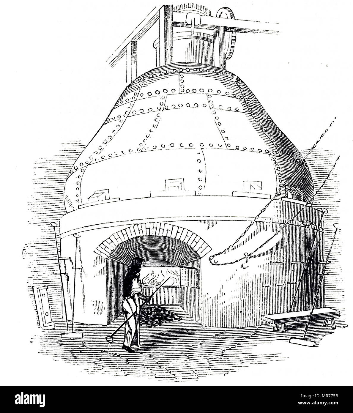 Incisione raffigurante un lavaggio contenente ancora circa 20.000 galloni di mash, riscaldato da un fuoco sotto. Datata del XIX secolo Foto Stock