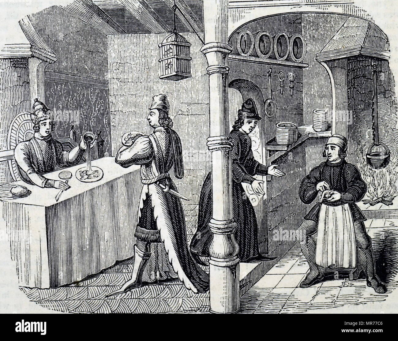 Incisione medievale raffigurante un inglese cucina e tavolo da pranzo. Datata del XIX secolo Foto Stock