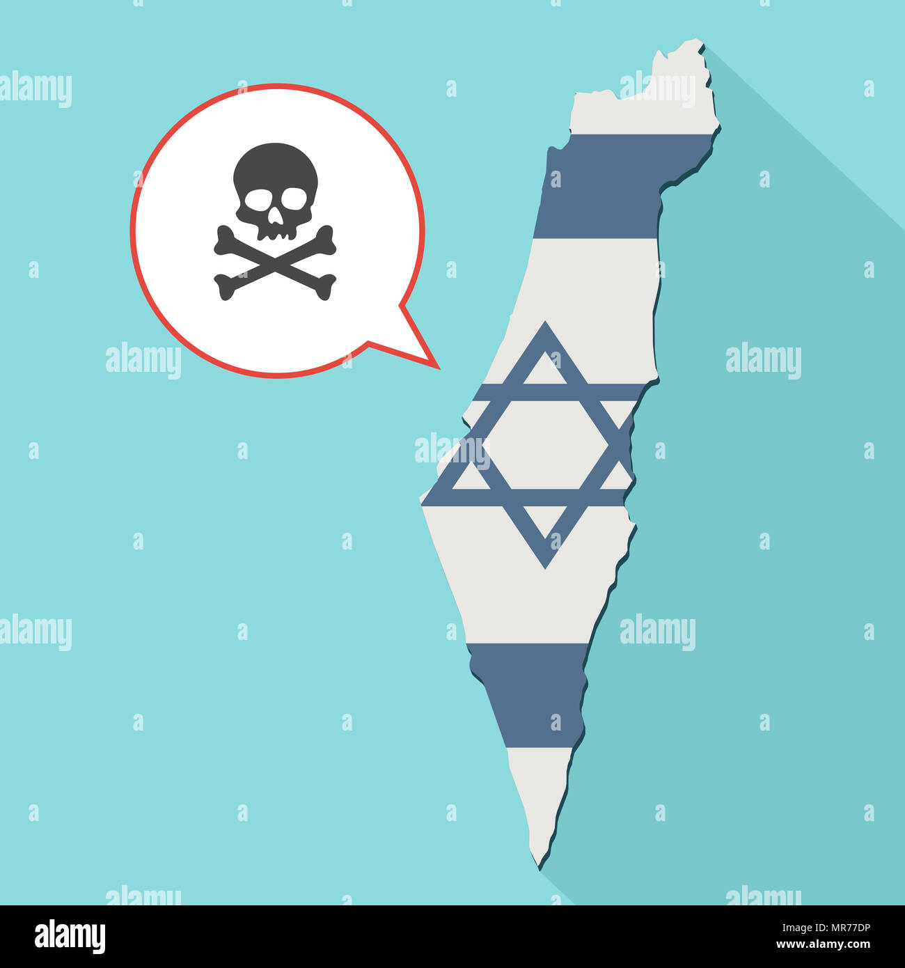 Illustrazione di una lunga ombra Israele mappa con la sua bandiera e un palloncino di fumetti con un simbolo del cranio Foto Stock