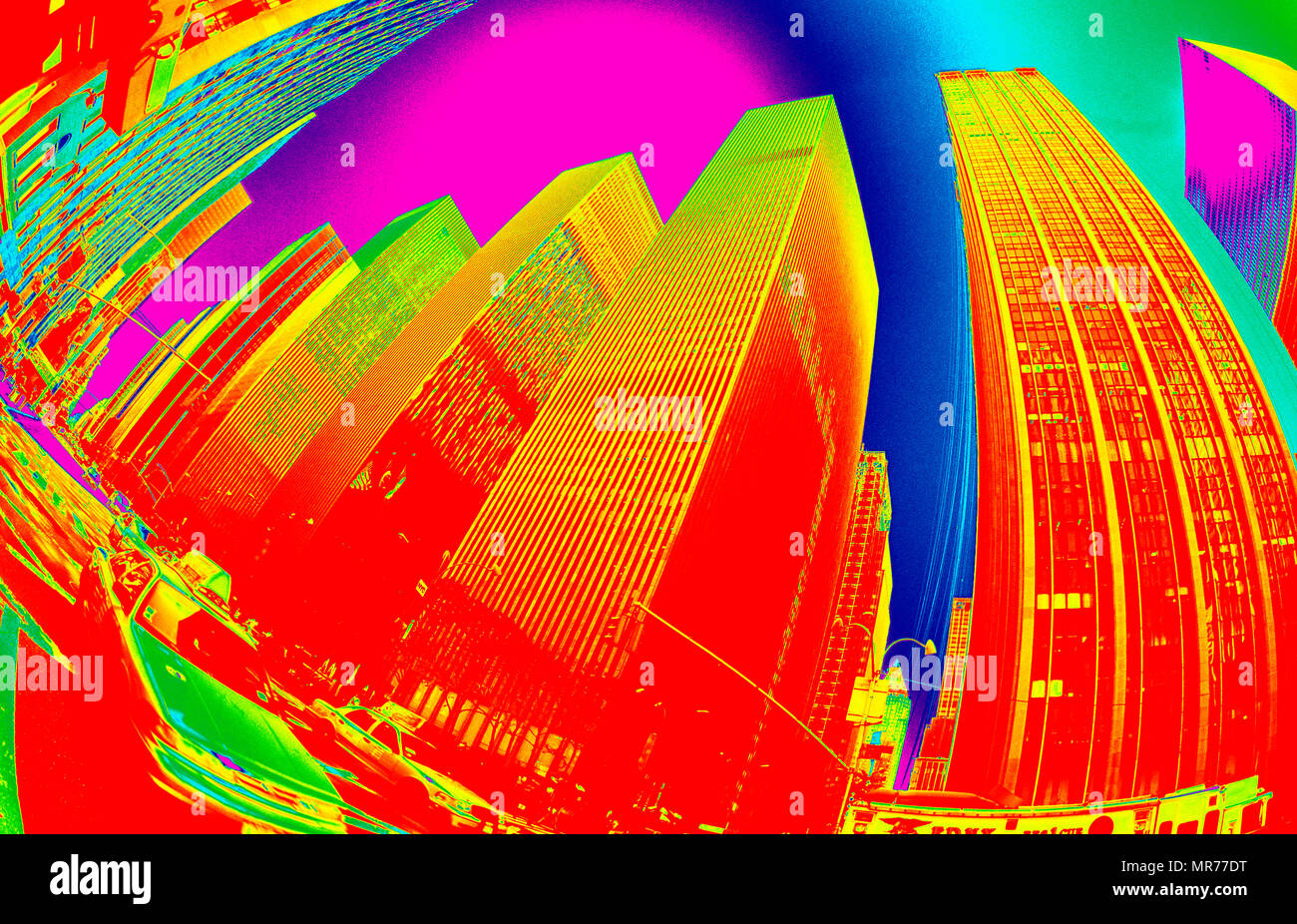 Vista guardando in alto con obiettivo grandangolare su Avenue of the Americas, in midtown Manhattan, mostra torri (reso in PS, pop art style), New York, NY, STATI UNITI D'AMERICA Foto Stock