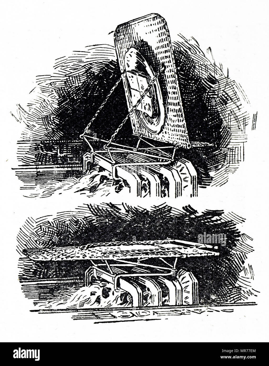 Incisione raffigurante una maglia di ottone protezione antincendio agganciata ad una grata. Datata del XIX secolo Foto Stock