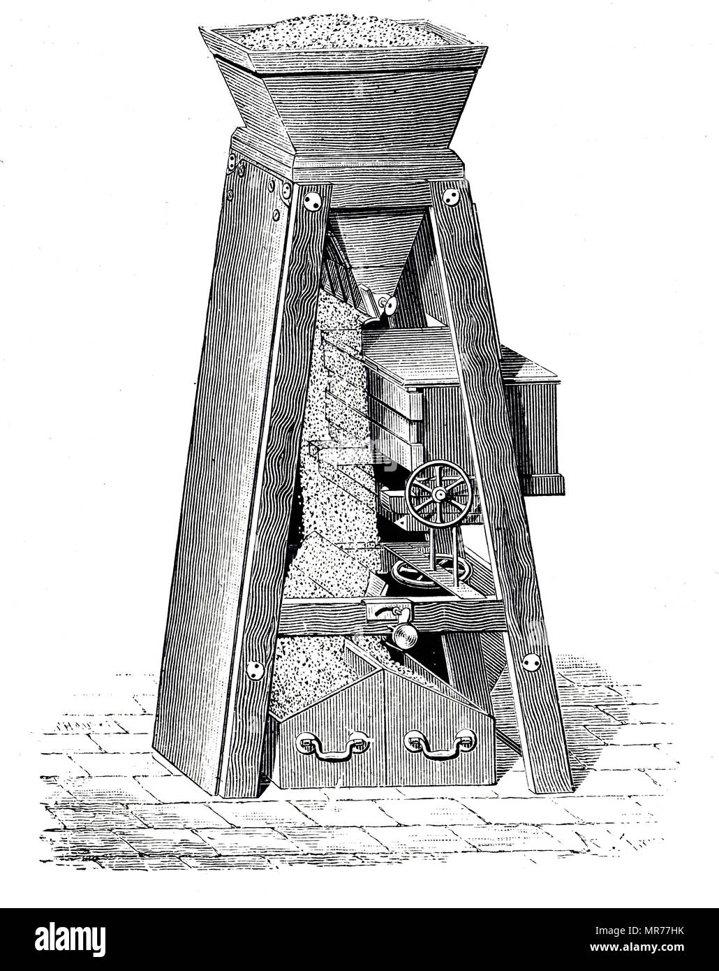 Incisione raffigurante Edison minerale elettromagnetico selezionatrice. Particelle di minerali sono collocati nella tramoggia verso l'alto. Come essi cadono passato la scatola che racchiude un elettromagnete le particelle di ferro si discostano dalla verticale e cadere nel collettore separato da metalli non ferrosi porzione. Thomas Edison (1847-1931) un inventore americano e imprenditore. Datata del XIX secolo Foto Stock