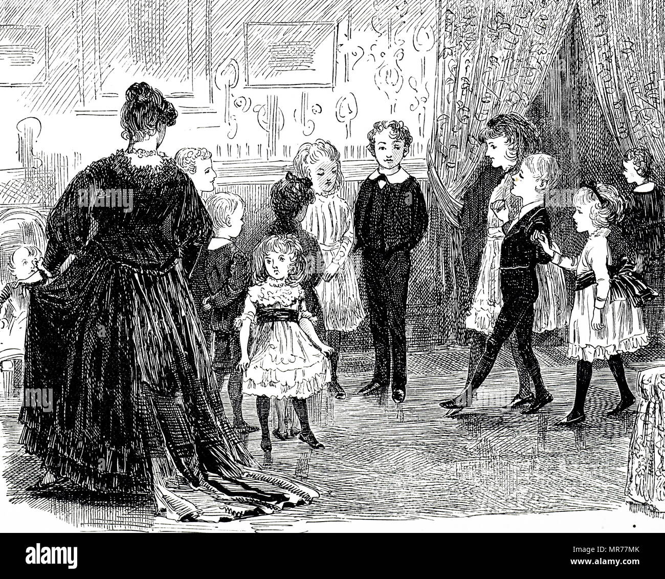 Incisione raffigurante i bambini ad una lezione di ballo. Datata del XIX secolo Foto Stock