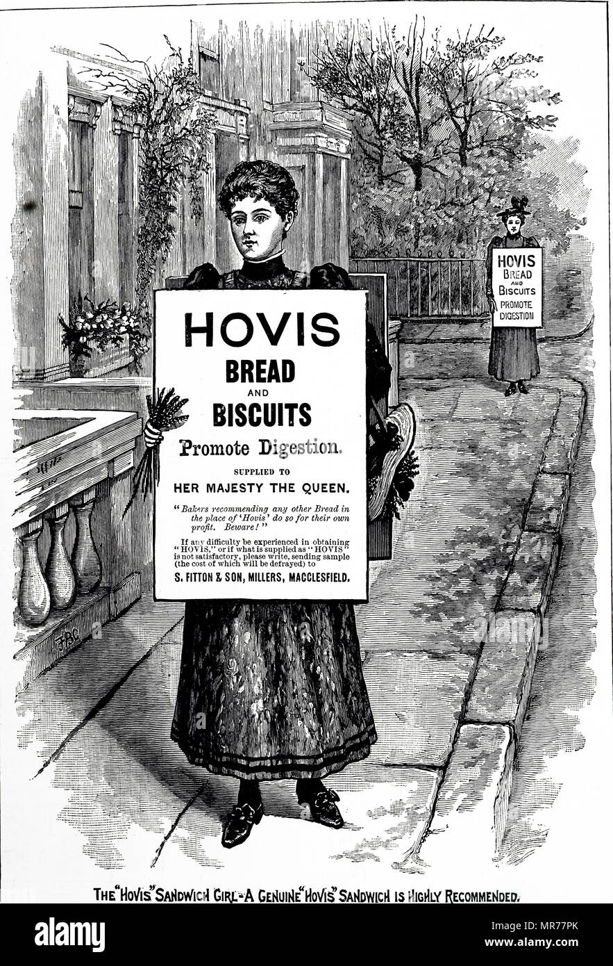 Incisione raffigurante una donna che indossa un sandwich-board pubblicità Hovis ha il pane. Datata del XIX secolo Foto Stock Incisione raffigurante una donna che indossa un sandwich-board pubblicità Hovis ha il pane. Datata del XIX secolo Foto Stock