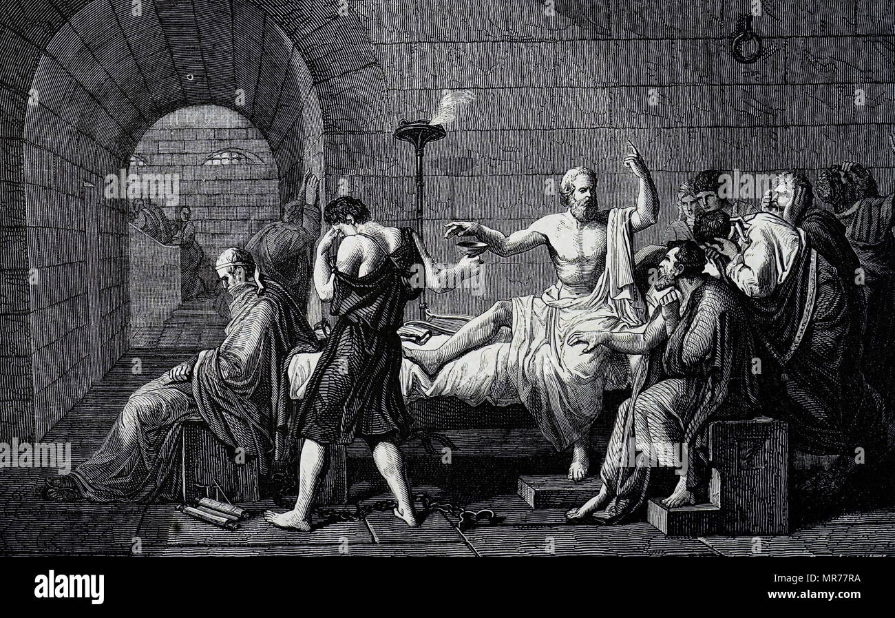 Incisione dopo il dipinto intitolato " La morte di Socrate' da Jacques-Louis David (1748-1825) un pittore francese in stile neoclassico. Datata xviii secolo Foto Stock