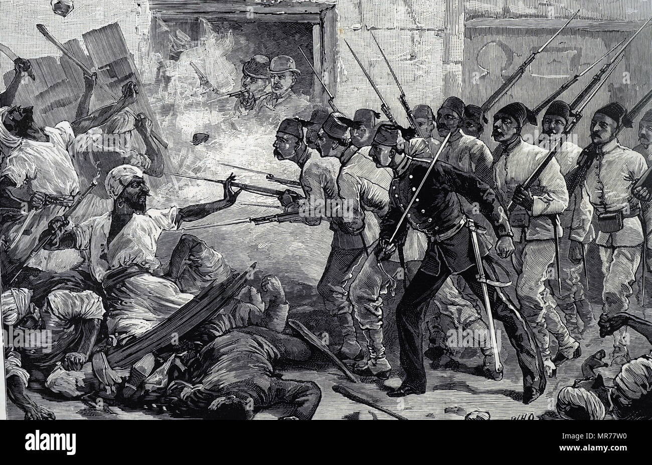 Incisione raffigurante baionette fisso utilizzato dalle truppe contro i rivoltosi ad Alessandria. Datata del XIX secolo Foto Stock