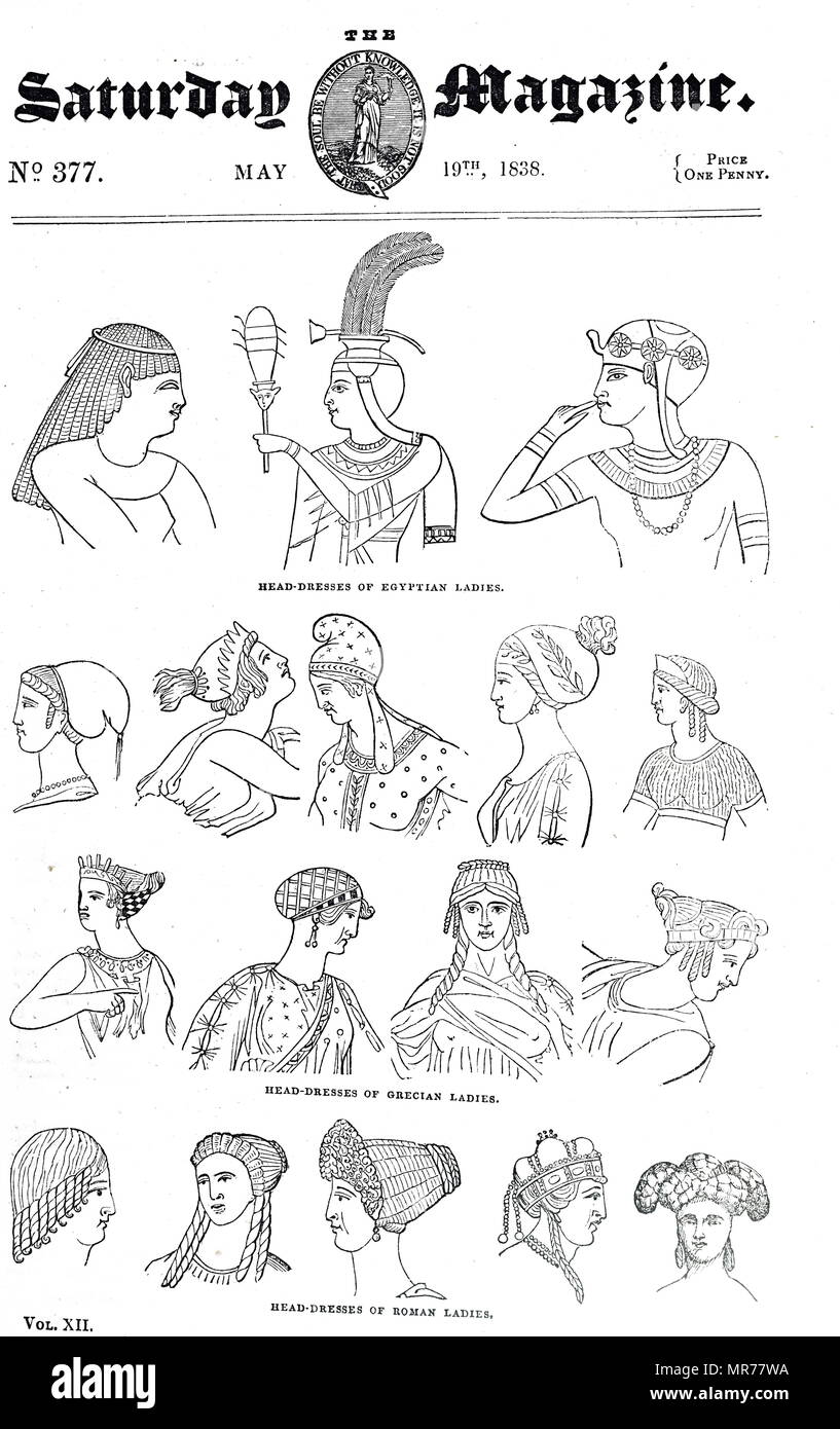 Incisione raffigurante diverse acconciature e abiti di testa del mondo antico. Top: testa egiziana abiti e acconciature. Medio: testa greco abiti e acconciature. Fondo: testa romana abiti e acconciature. Datata del XIX secolo Foto Stock