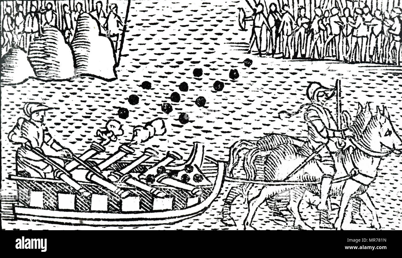 Xilografia incisione raffigurante un piccolo cannone montato su un cavallo disegnato a slitta. Datata xvi secolo Foto Stock