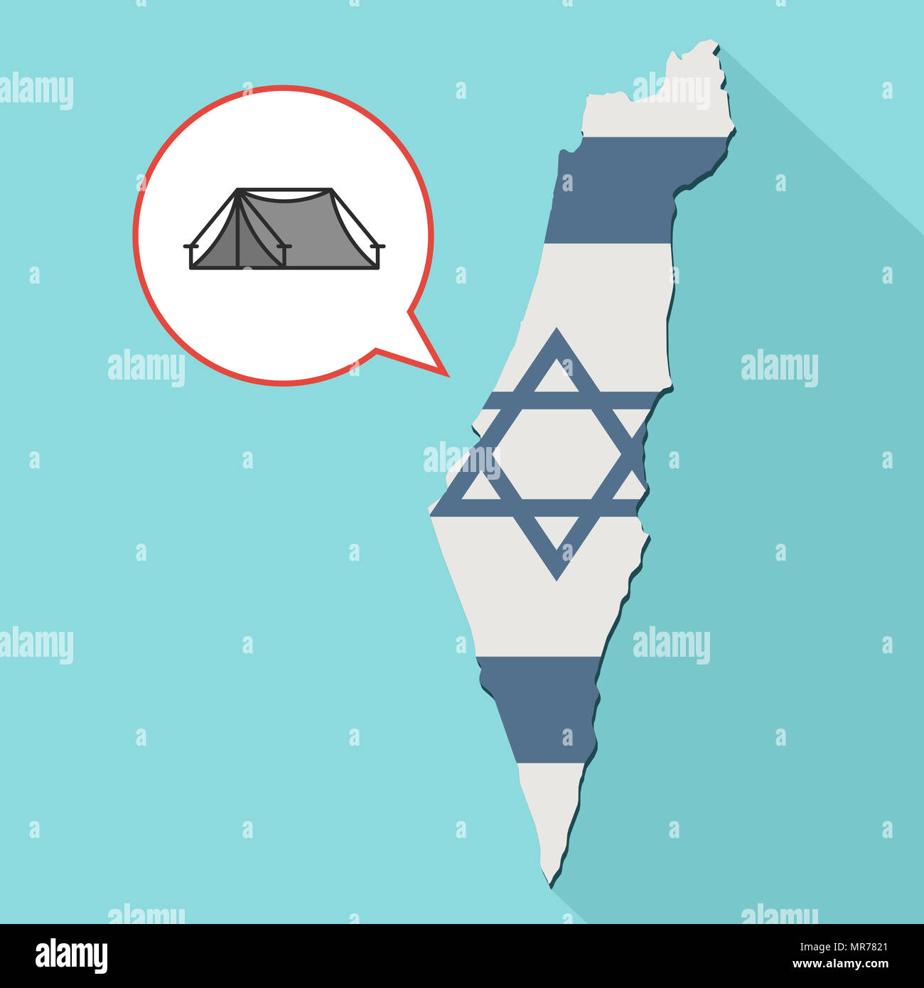 Illustrazione di una lunga ombra Israele mappa con la sua bandiera e un palloncino di fumetti con una tenda Foto Stock
