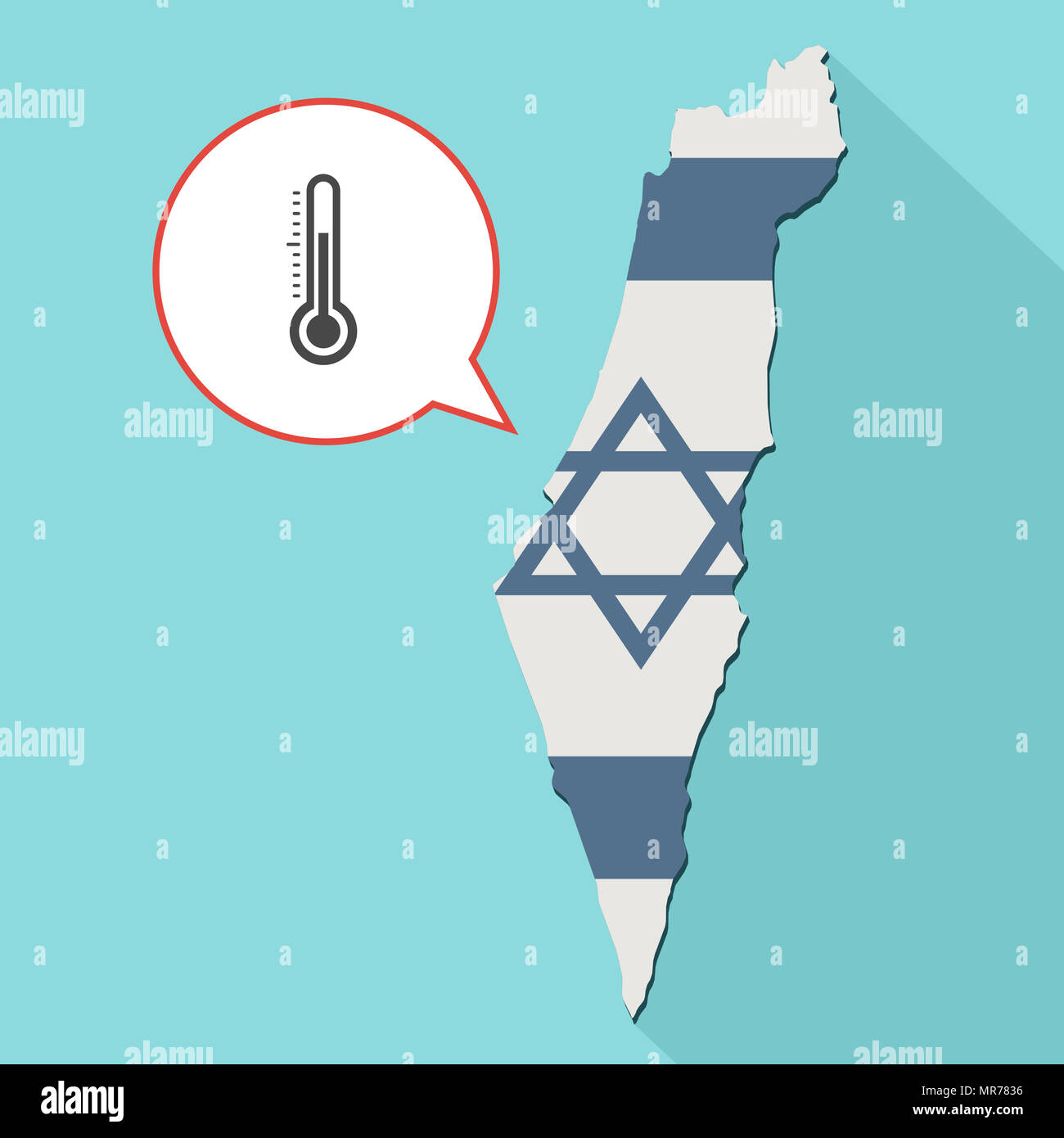 Illustrazione di una lunga ombra Israele mappa con la sua bandiera e un palloncino di fumetti con un icona del termometro Foto Stock