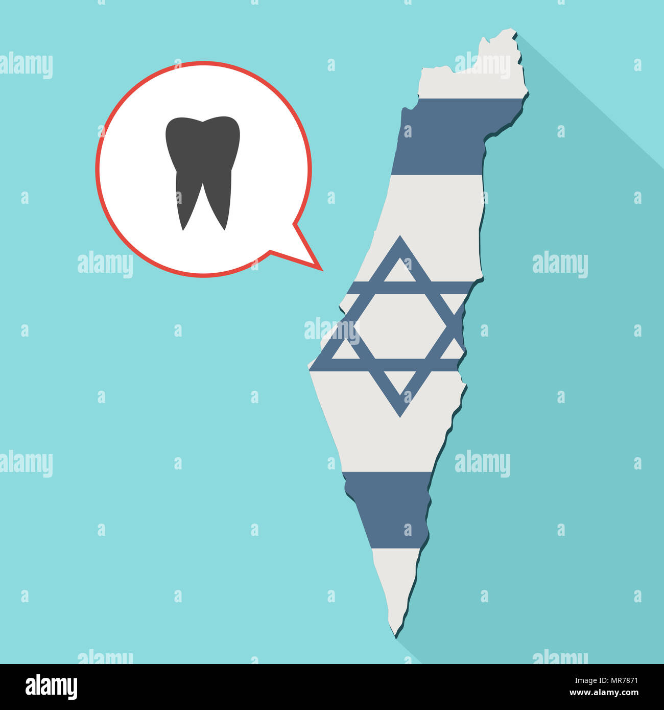 Illustrazione di una lunga ombra Israele mappa con la sua bandiera e un palloncino di fumetti con un dente Foto Stock