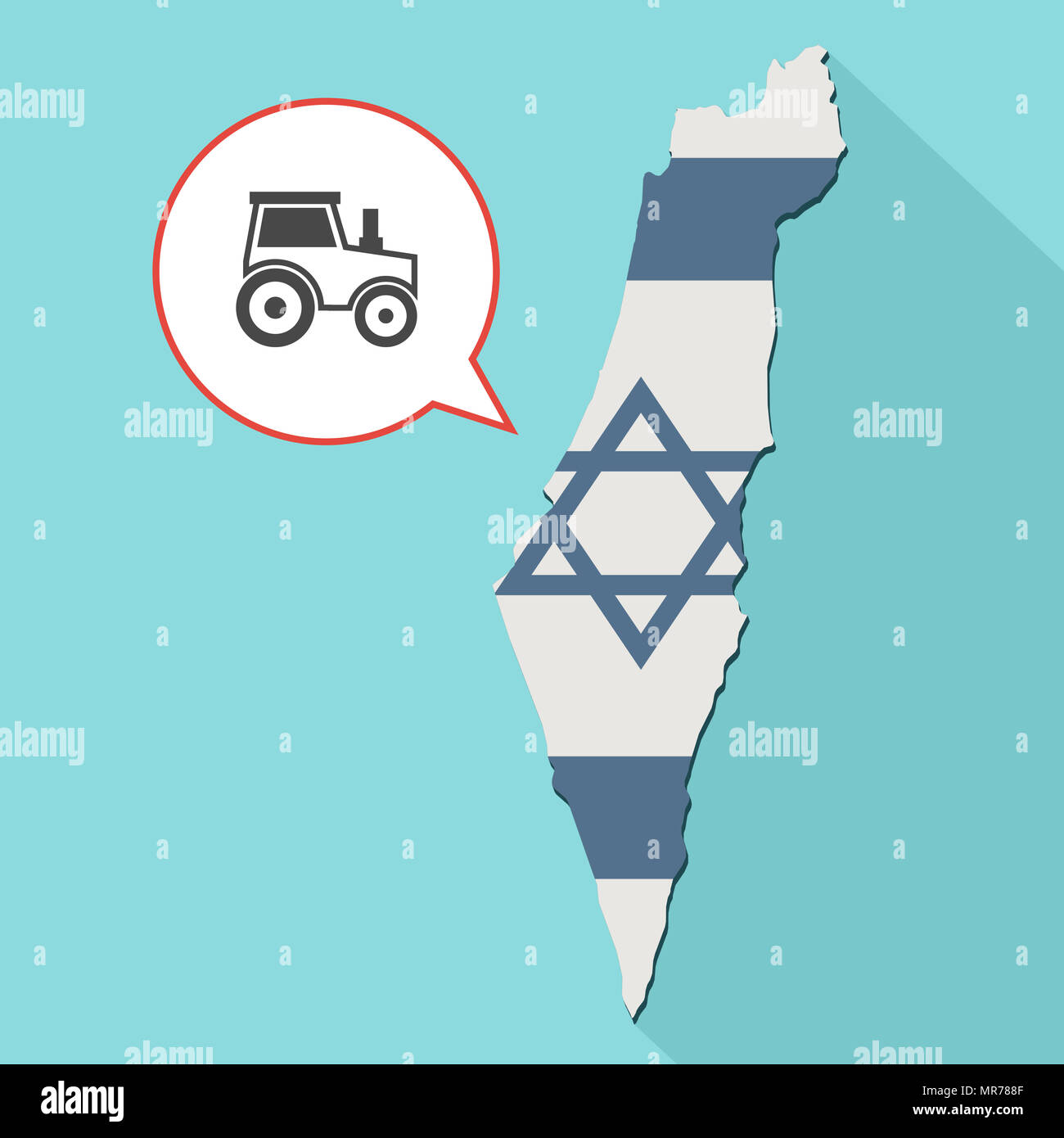 Illustrazione di una lunga ombra Israele mappa con la sua bandiera e un palloncino di fumetti con un trattore Foto Stock