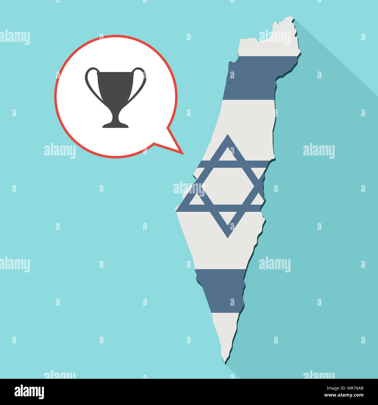 Illustrazione di una lunga ombra Israele mappa con la sua bandiera e un palloncino di fumetti con un trofeo Foto Stock