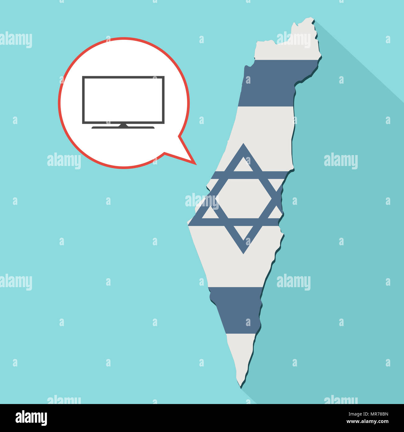 Illustrazione di una lunga ombra Israele mappa con la sua bandiera e un palloncino di fumetti con un televisore Foto Stock
