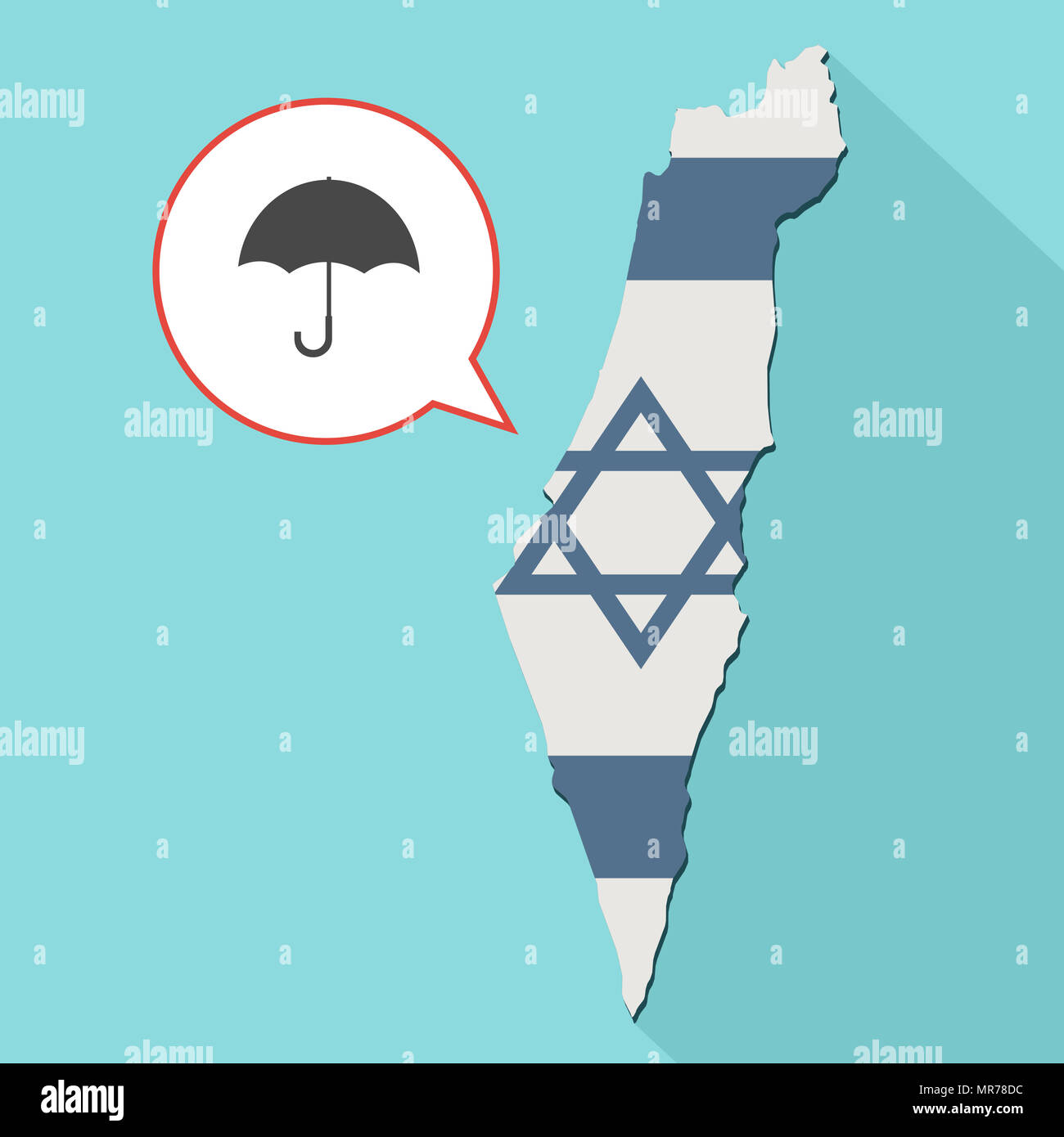 Illustrazione di una lunga ombra Israele mappa con la sua bandiera e un palloncino di fumetti con un ombrello Foto Stock