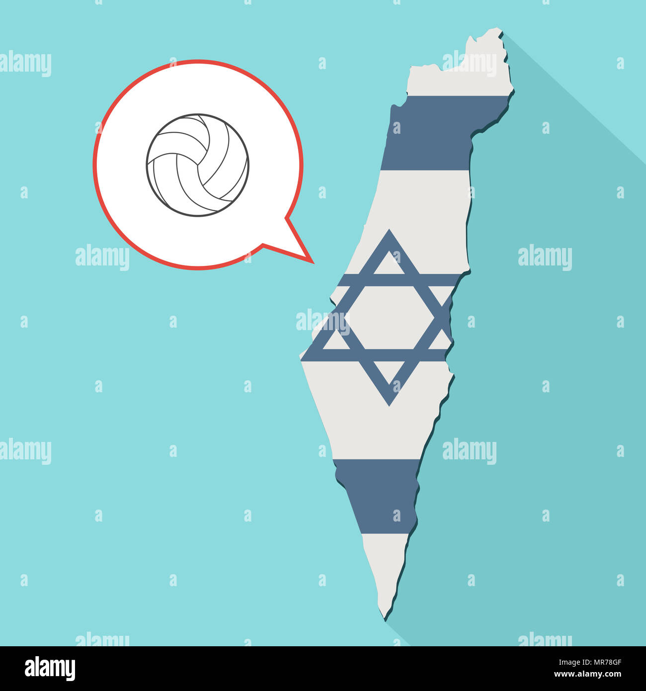 Illustrazione di una lunga ombra Israele mappa con la sua bandiera e un palloncino di fumetti con un campo di pallavolo Foto Stock