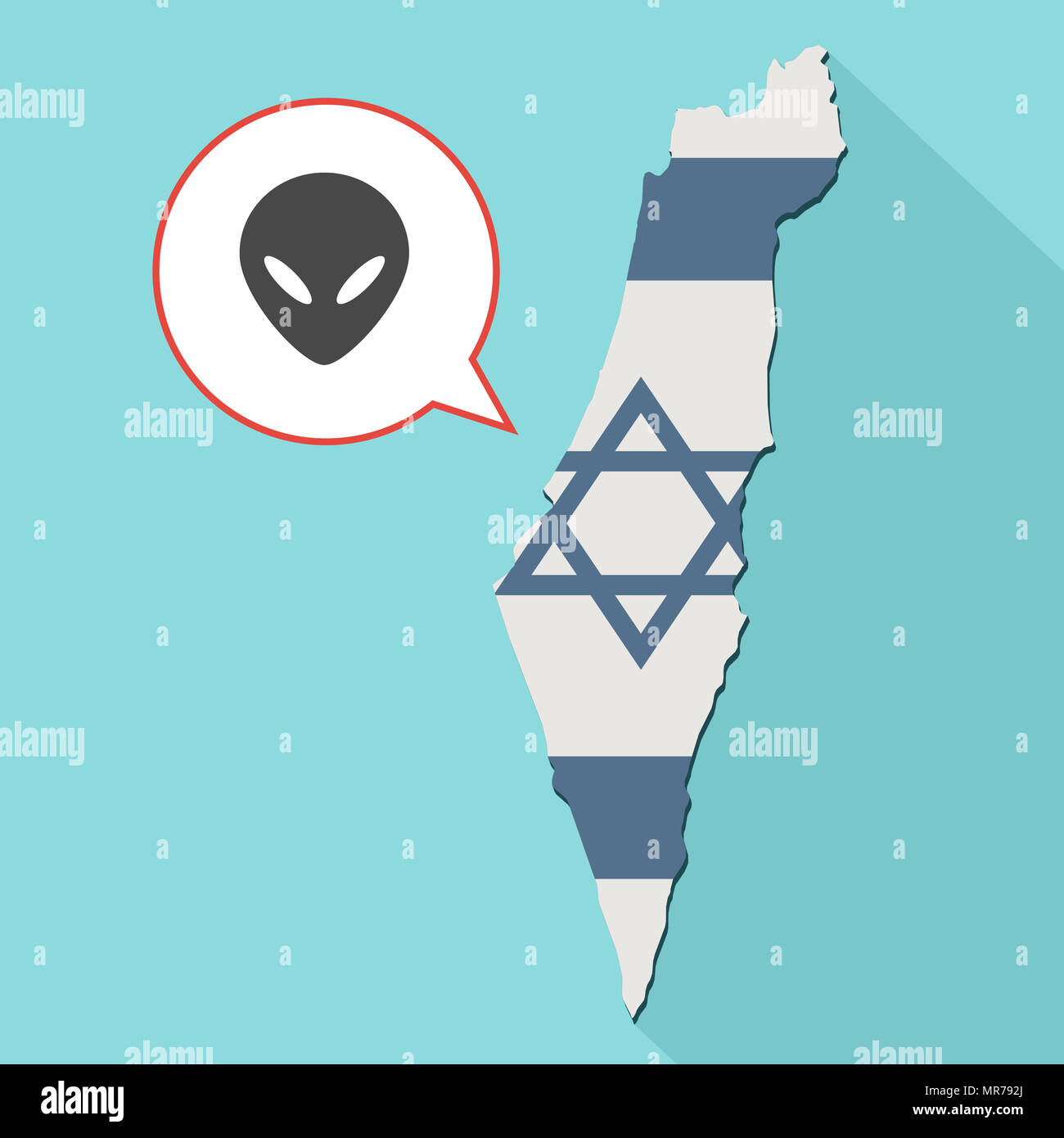Illustrazione di una lunga ombra Israele mappa con la sua bandiera e un palloncino di fumetti con alien face Foto Stock