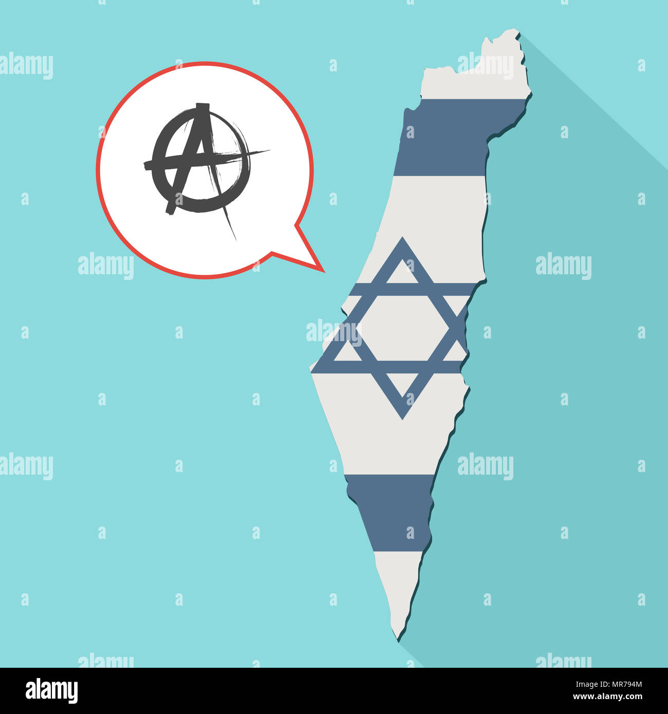 Illustrazione di una lunga ombra Israele mappa con la sua bandiera e un palloncino di fumetti con un segno di anarchia Foto Stock