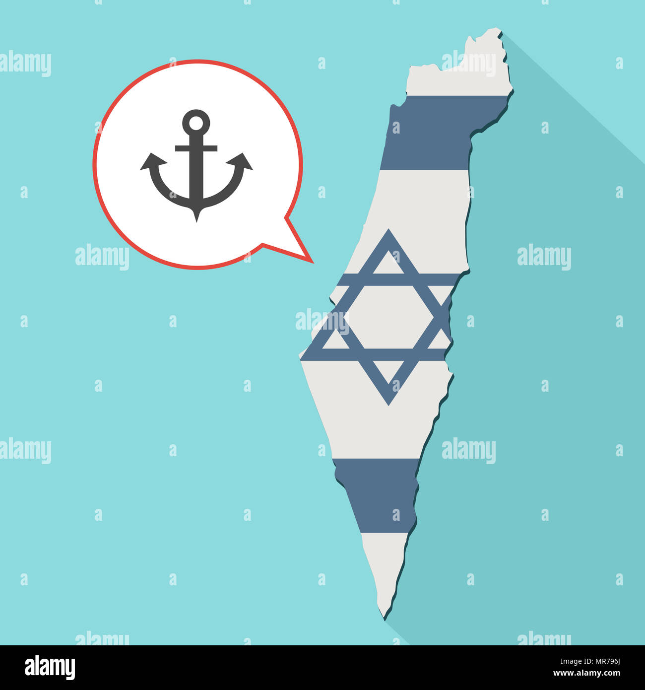 Illustrazione di una lunga ombra Israele mappa con la sua bandiera e un palloncino di fumetti con un elemento di ancoraggio Foto Stock