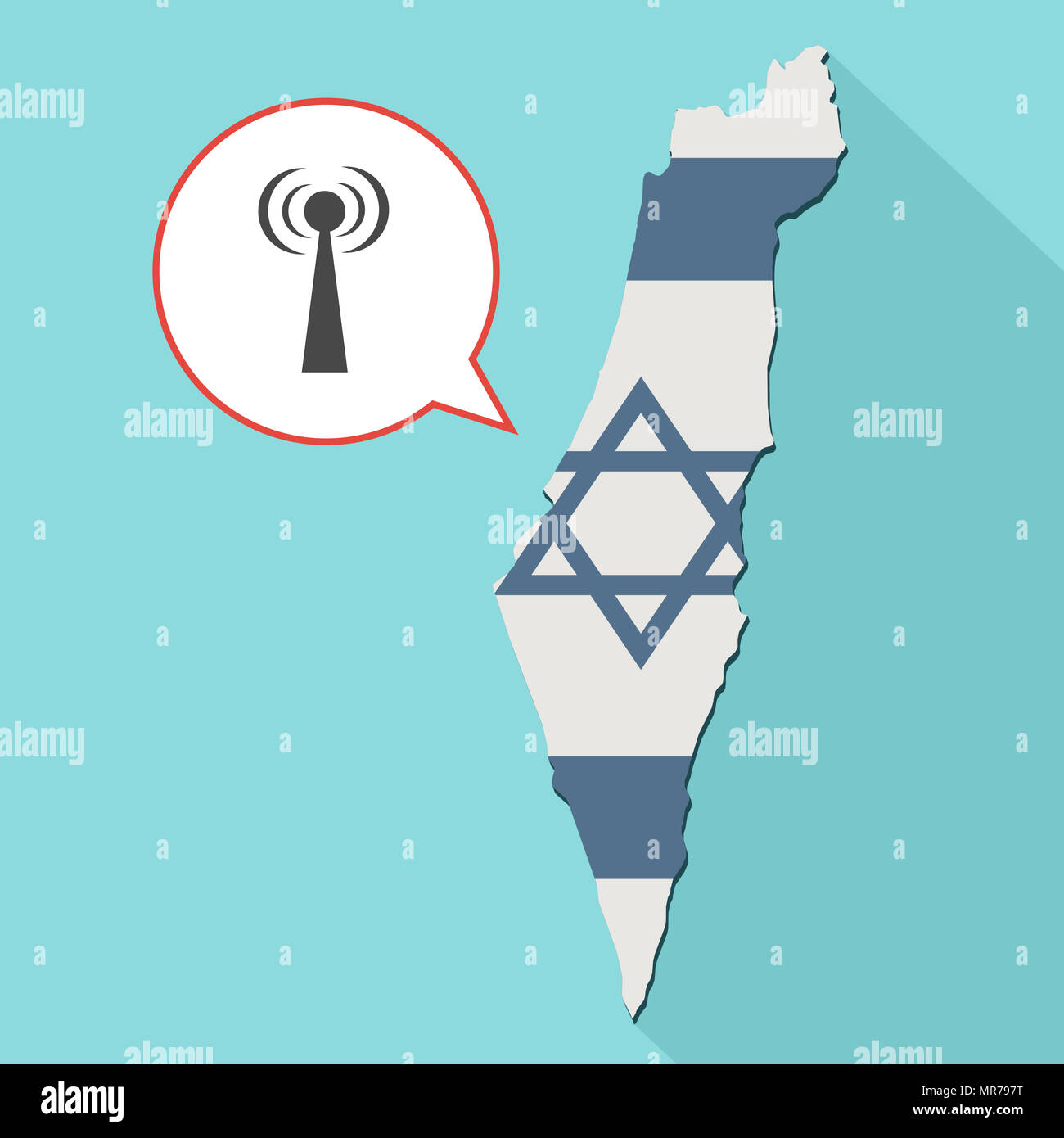 Illustrazione di una lunga ombra Israele mappa con la sua bandiera e un palloncino di fumetti con un'antenna Foto Stock