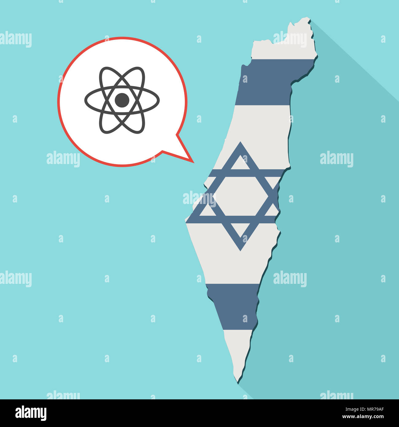Illustrazione di una lunga ombra Israele mappa con la sua bandiera e un palloncino di fumetti con un atomo Foto Stock