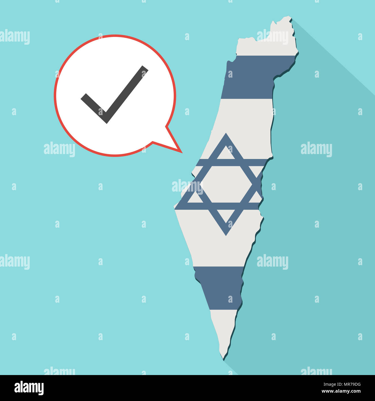 Illustrazione di una lunga ombra Israele mappa con la sua bandiera e un palloncino di fumetti con un segno di spunta Foto Stock