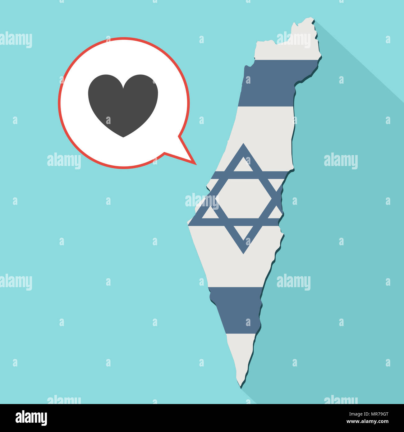 Illustrazione di una lunga ombra Israele mappa con la sua bandiera e un palloncino di fumetti con un cuore Foto Stock