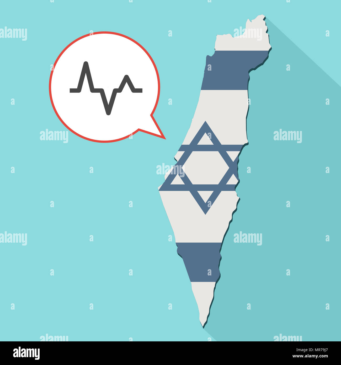 Illustrazione di una lunga ombra Israele mappa con la sua bandiera e un palloncino di fumetti con un segno di heartbeat Foto Stock