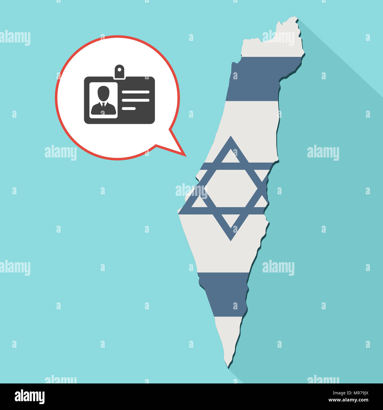 Illustrazione di una lunga ombra Israele mappa con la sua bandiera e un palloncino di fumetti con una ID card Foto Stock