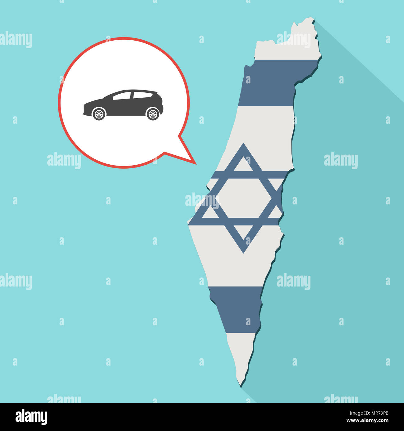 Illustrazione di una lunga ombra Israele mappa con la sua bandiera e un palloncino di fumetti con auto Foto Stock
