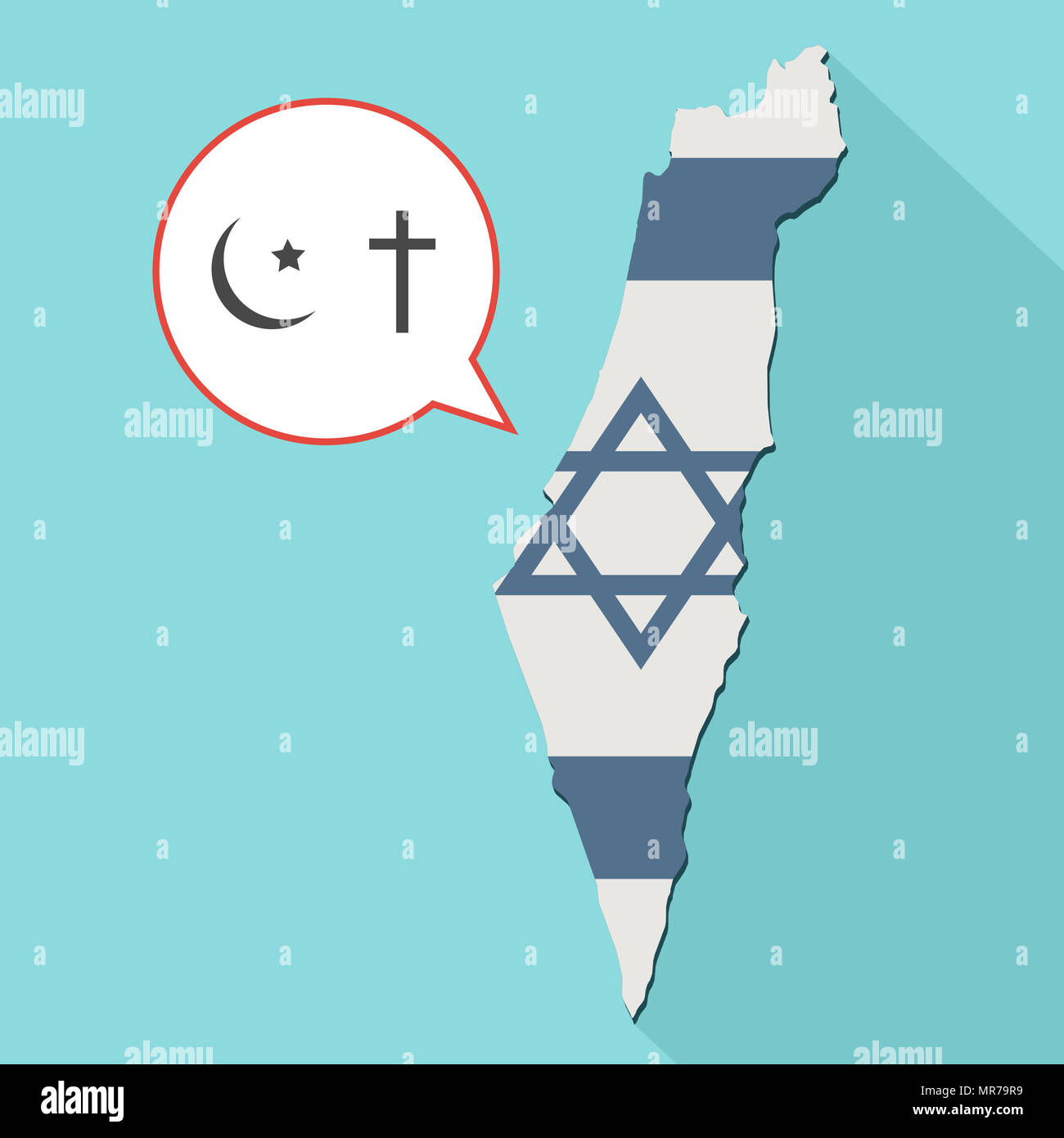 Illustrazione di una lunga ombra Israele mappa con la sua bandiera e un palloncino di fumetti con il cristianesimo e islam religioni simboli Foto Stock
