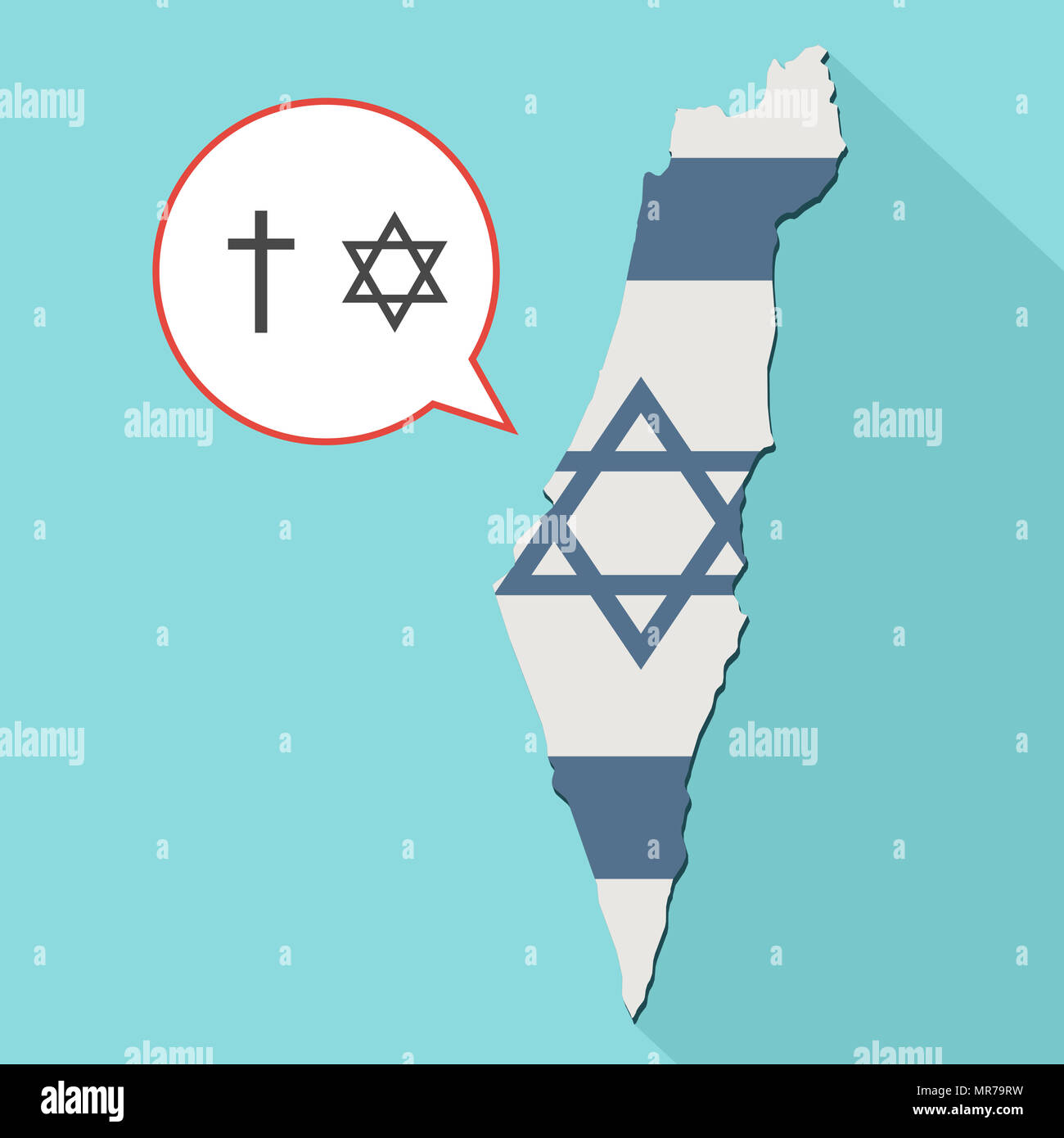 Illustrazione di una lunga ombra Israele mappa con la sua bandiera e un palloncino di fumetti con il cristianesimo e il giudaismo religioni simboli Foto Stock