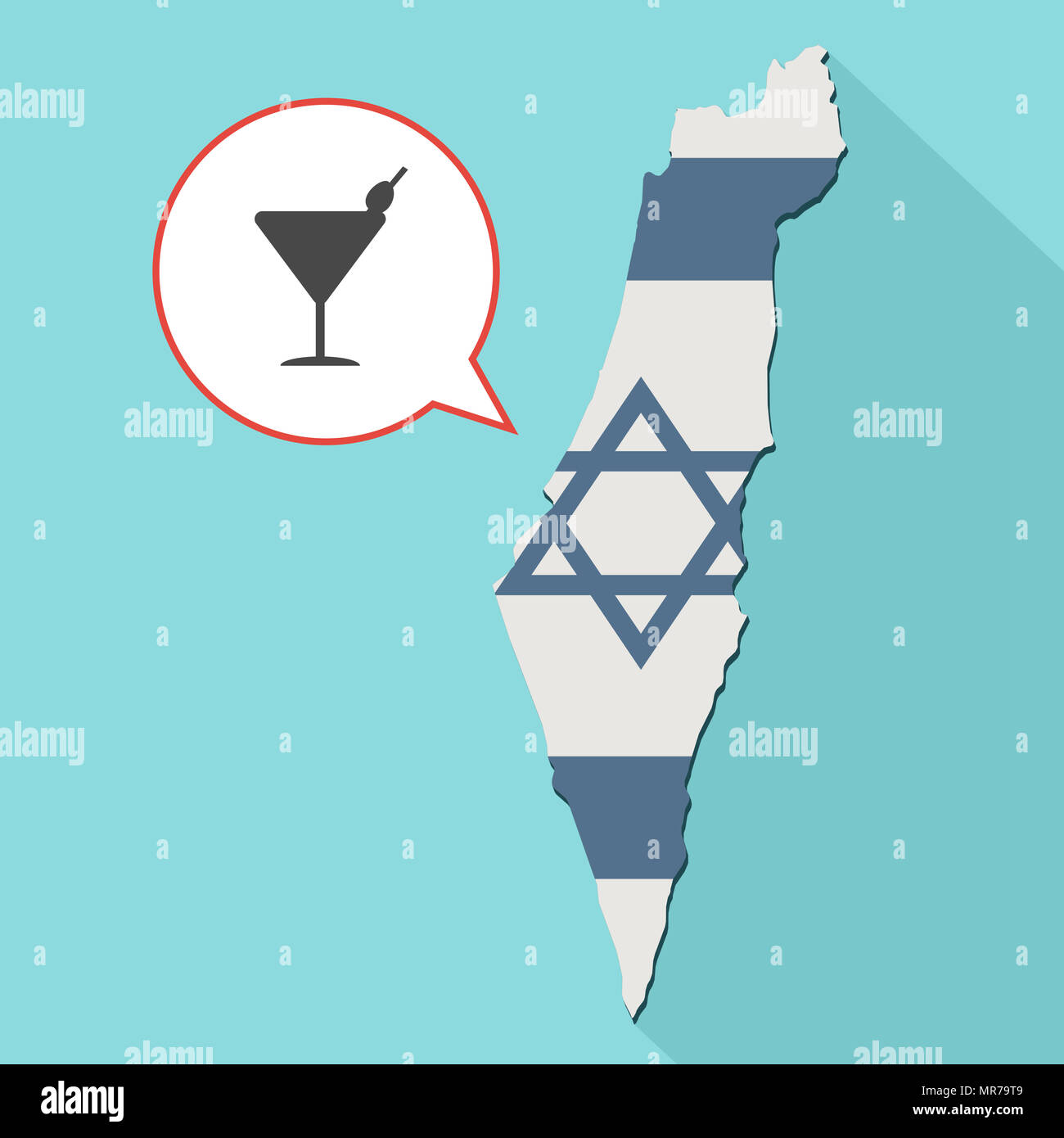 Illustrazione di una lunga ombra Israele mappa con la sua bandiera e un palloncino di fumetti con bicchiere da cocktail Foto Stock