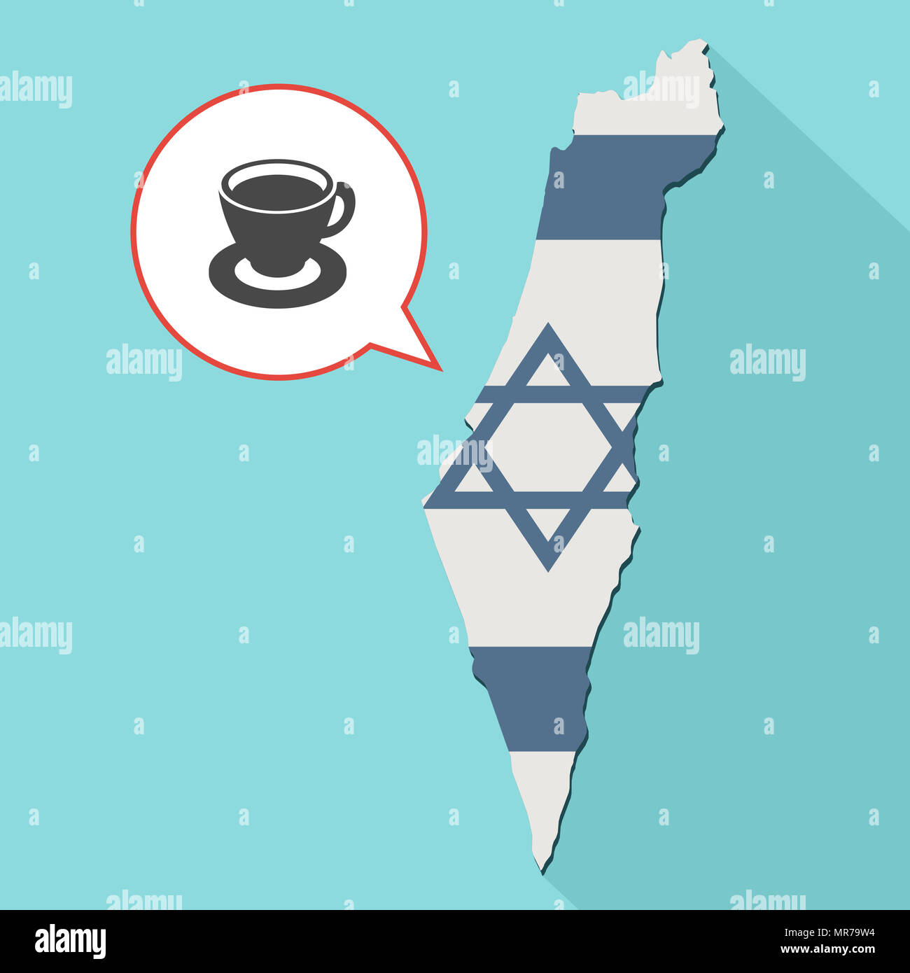 Illustrazione di una lunga ombra Israele mappa con la sua bandiera e un palloncino di fumetti con tazza di caffè Foto Stock